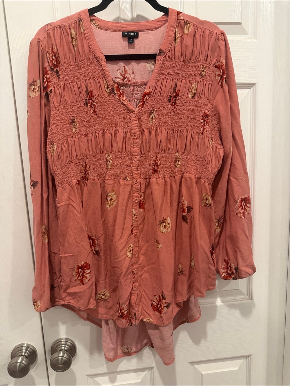 torrid rose-pink floral smocked button-front tunic